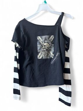 Sex Pistols Black Cold-Shoulder Punk Graphic Sweatshirt with Striped Sleeves